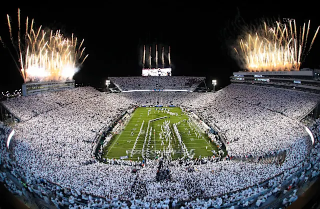 Beaver Stadium whiteout with fireworks over the field
